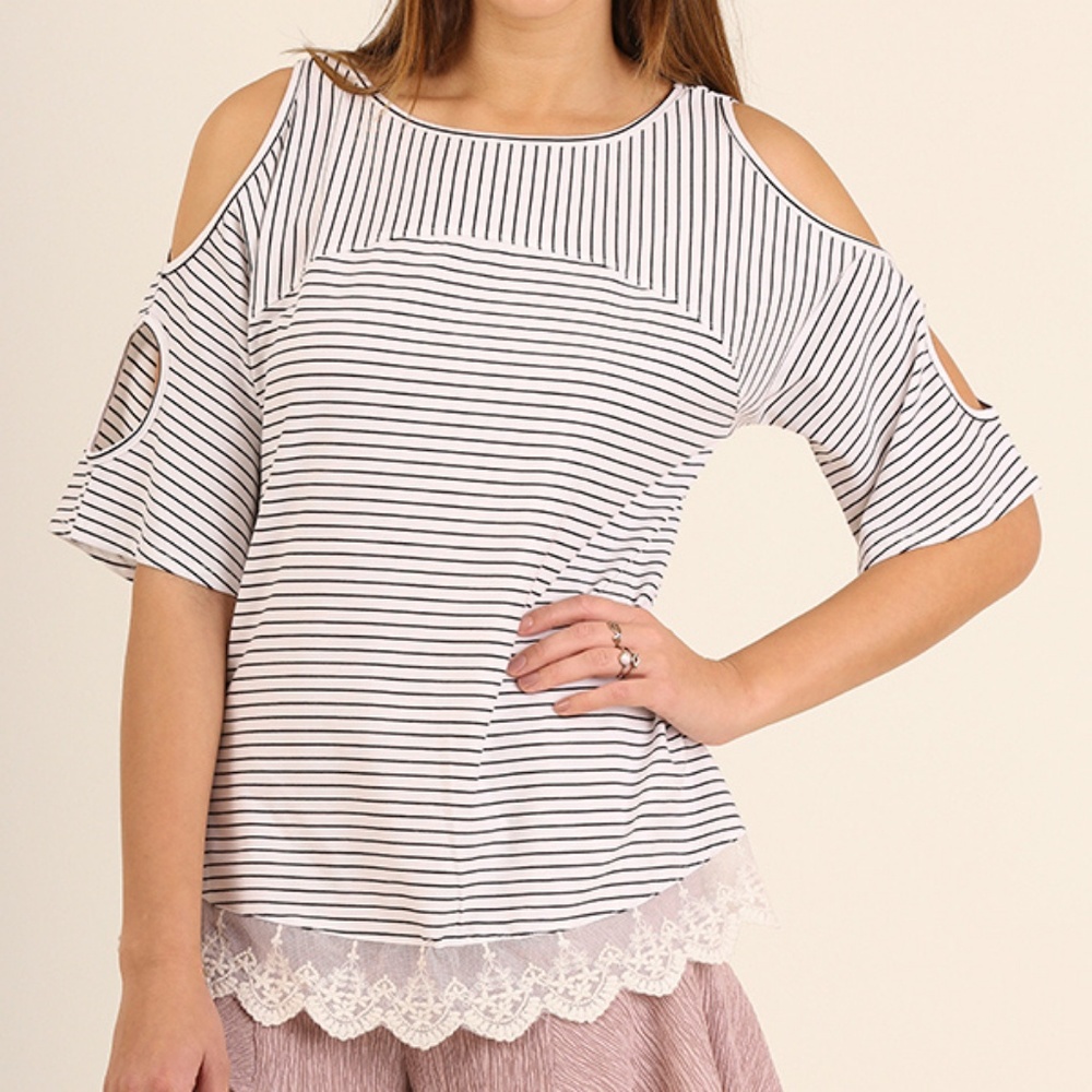 Umgee Top Size S M L Lace Striped Cottage Cold Shoulder Tunic Womens Shirt New - Picture 5 of 6